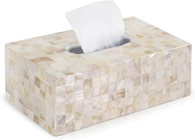 PEMAR Handmade Mother of Pearl Tissue Box – Elegant Rectangular Capiz Shell Cover, Decorative Napkin Holder for Living Room, Bathroom, or Office Décor (Max Inner Size 9.2"x5"x3.5", White Cream)