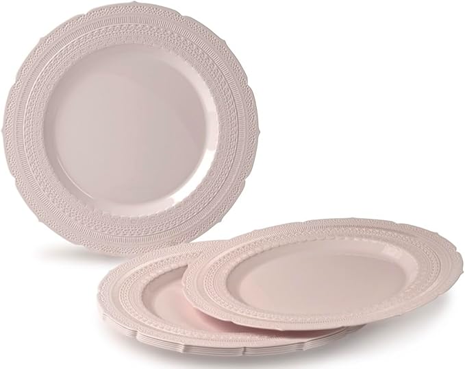 " OCCASIONS " 200pcs set (25 Guests)-Extra Heavyweight Vintage Wedding Disposable/Reusable Plastic Plates (25 x 11'' + 25 x 8.25'')+ Silverware + Cups + Napkins (Chateau in Pink Blush)