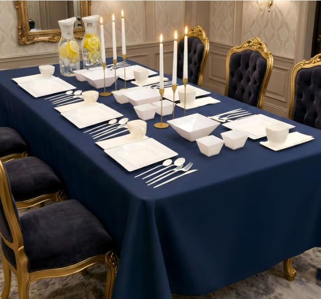 Navy Table Set for 6 with Tablecloth, White Square Dinner Plates, Bowls & Gold Candle Holders – Modern Navy & White Tablescape for Shabbat, Holidays, Dinner Parties & Events