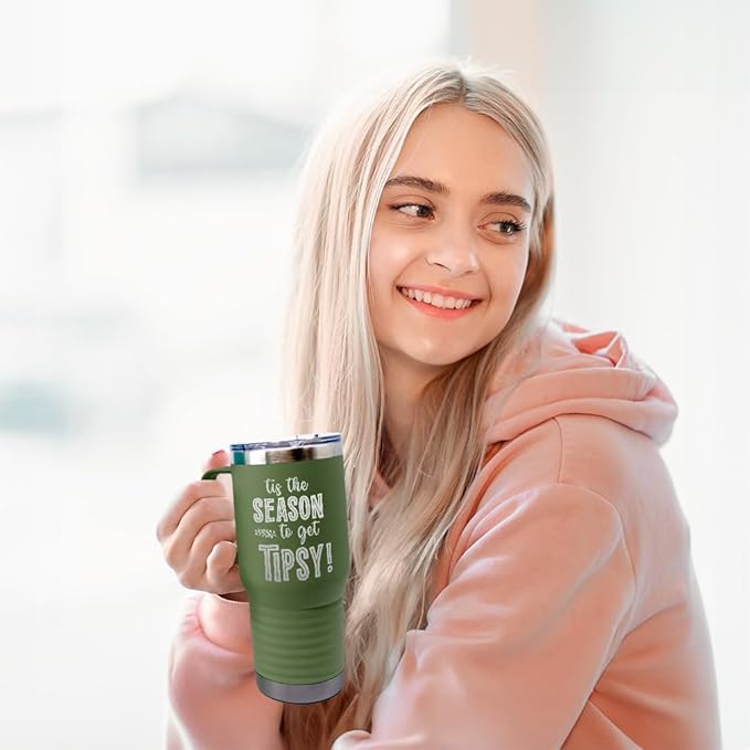 Tumbler Cups with Straw Tis The Season to Get Tipsy Christmas Xmas Coffee Tumbler with Lid Personalized Insulated Travel Mugs Engraved Stainless-Steel 40 Oz Forest Green Design Only