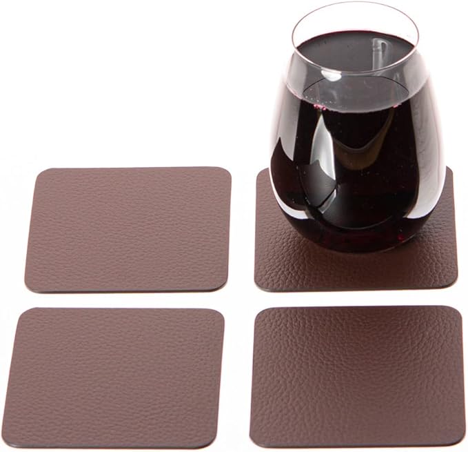 Nikalaz Set of Small Brown Placemats and Coasters, 4 Table Mats and 4 Coasters, Recycled Leather, Place Mats 15.75'' x 11.8'' and Coasters 3.9'' x 3.9''