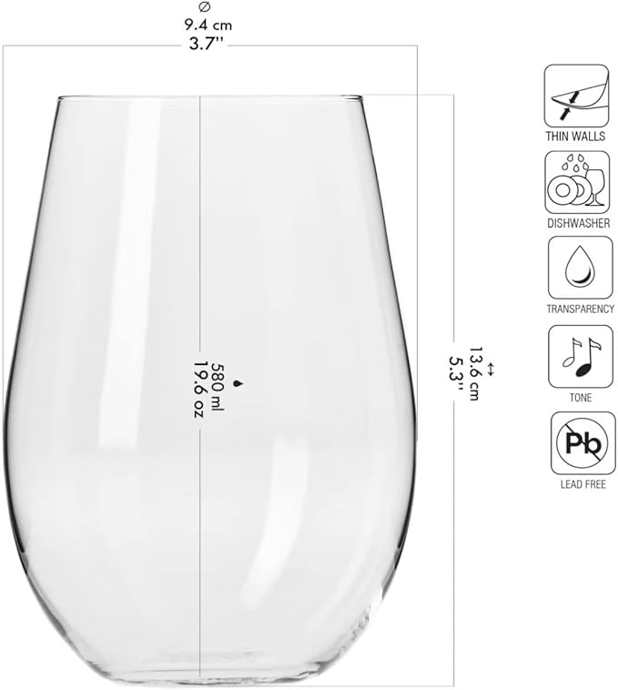 Krosno Stemless Wine Glasses for Red or White Wine, Set of 6, 19.6 oz, Harmony Collection, Perfect for a Veriety of Drinks, Made in Europe