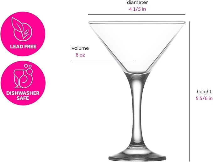 LAV Martini Glasses Set of 4 - Martini Cocktail Glass Set 6 oz - Cosmopolitan Glasses for Elegant Cocktails - Classic Cocktail Glasses with Chic Design for Home Parties