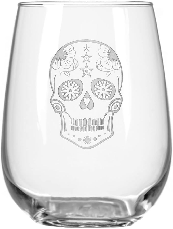 Rolf Glass Sugar Skull Stemless Wine Tumbler 17 ounce - Stemless Wine Glasses - Lead-Free Glass - Etched Tumbler Glasses - Proudly Made in the USA (Set of 2)
