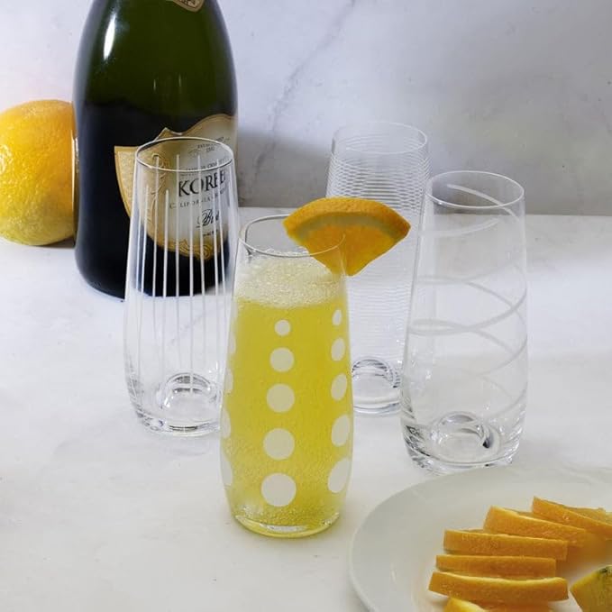 Mikasa Cheers Stemless Flutes, Set of 4-7.5 Oz Crystal Champagne Glasses with Playful Dot, Line & Swirl Designs - Unique Toasting Glassware for Sparkling Wine & Cocktails, Lead-Free