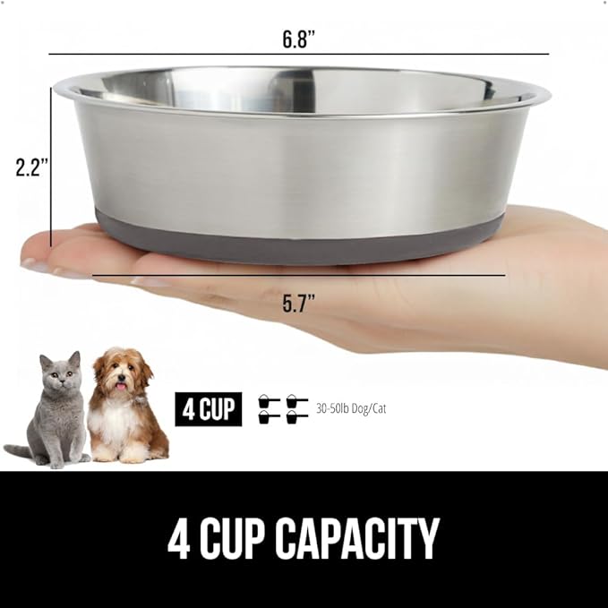 GORILLA GRIP Dog Bowl, Holds 4 Cups (32 fl oz), Heavy Duty Metal Food and Water Bowl for Feeding Dogs and Cats, Easy Clean, Dishwasher Safe, Rust Resistant Stainless Steel, BPA Free Rubber Base, Black