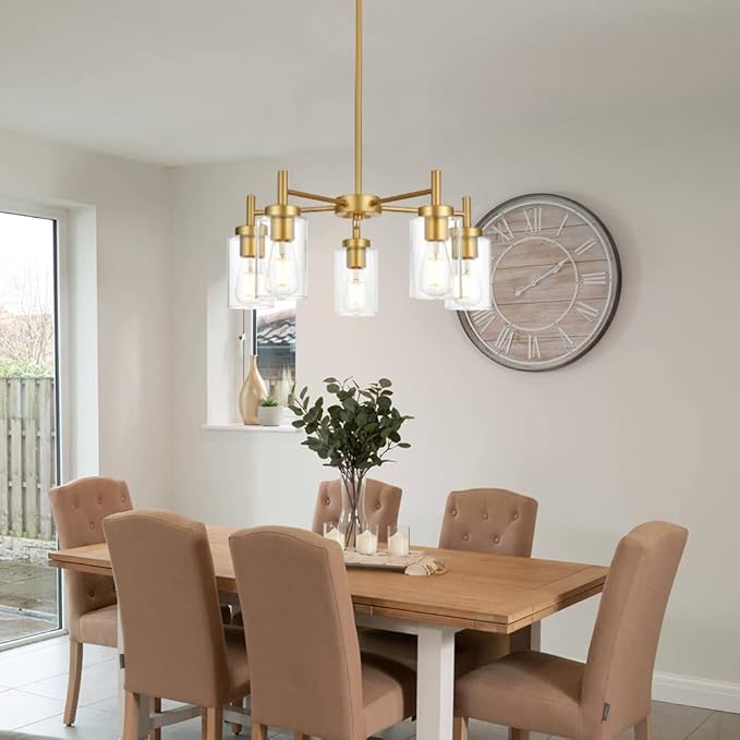 VINLUZ Retro Large Chandelier with Clear Glass Shade Metal Indoor Kitchen Island Pendant Lighting in Gold Finish Modern Light Fixture Hanging for Dining Room