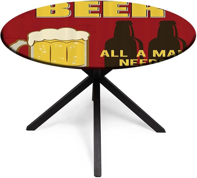 Round Tablecloth, Manly Decor Tablecloth for Side Table, Beer Mug and Two Bottles with Quotes Beer All, Fit Round Tables 61inch Diameter, for Indoor Outdoor Fits, Yellow Burgundy