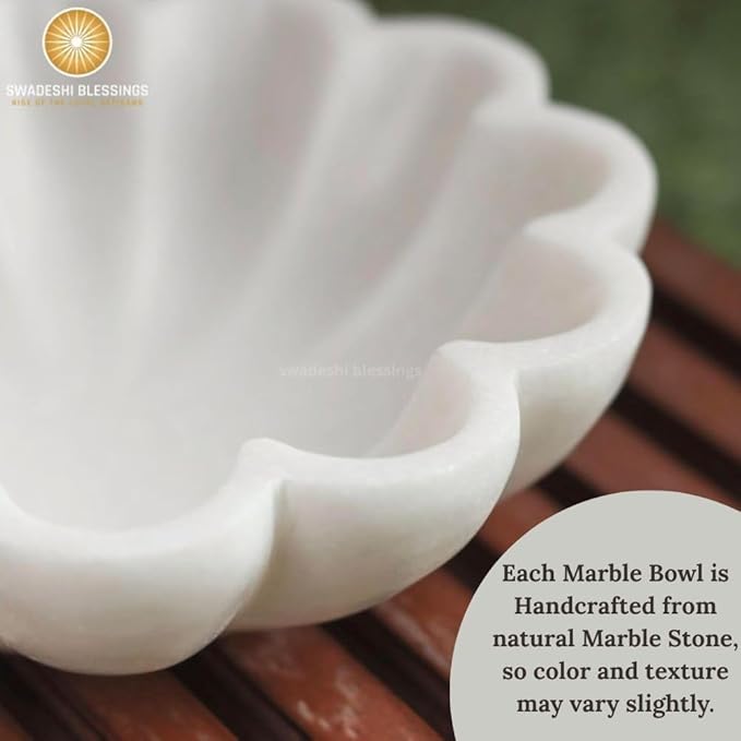 SWADESHI BLESSINGS HandCrafted Marble Decorative Bowl | White Ruffle Scalloped Fluted Key/Fruit Ring Dish | Organic Modern Home Decor (12 Inches)