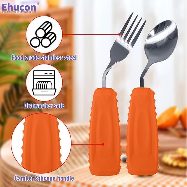 Adaptive Utensils Angled Spoon and Fork for Hand Tremors Parkinsons,Weighted Utensils with Non-Slip Easy Grip Handles for Independent Eating (1pcs Spoon+1pcs Fork=2 pcs,Orange,Left Hand)