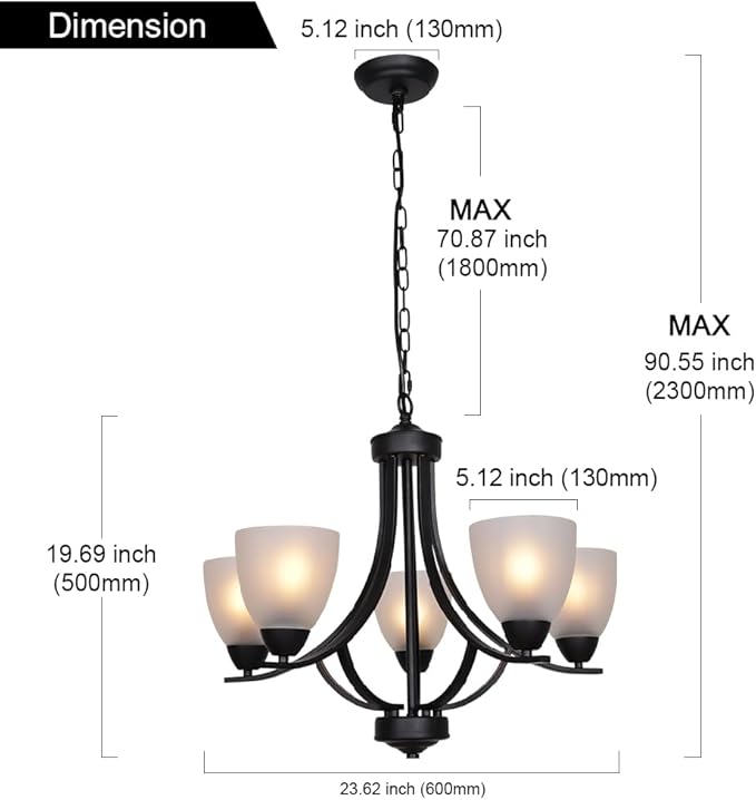 VINLUZ 5 Light Shaded Contemporary Chandeliers with Alabaster Glass Black Rustic Light Fixtures Ceiling Hanging Mid Century Modern Pendant Lighting for Dining Room Foyer Bedroom Living Room