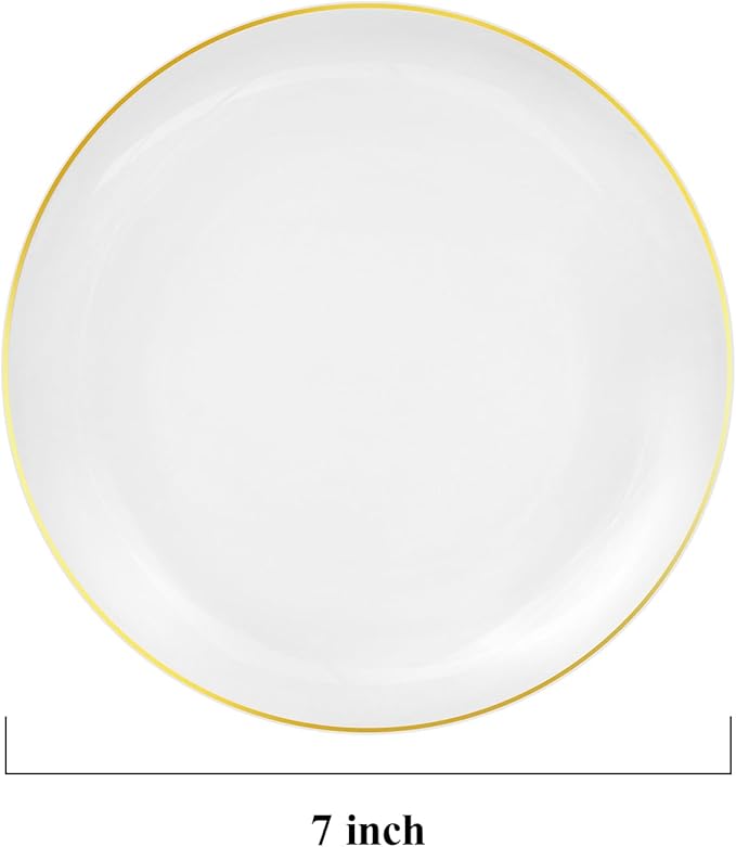100 PCS Gold and White Plastic Plates, 7 inch White Disposable Plates for Party, Plastic Dessert/Salad Plates
