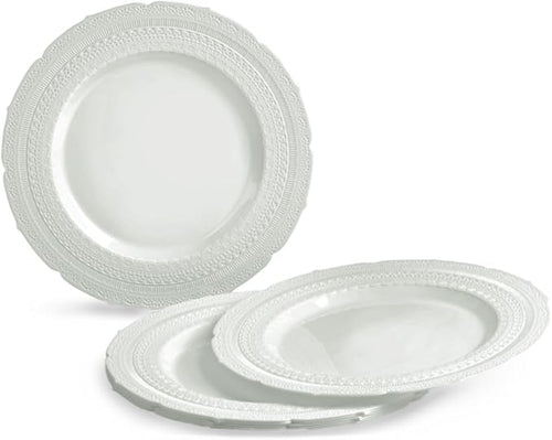" OCCASIONS " 240 Plates Pack,(120 Guests) Extra Heavyweight Vintage Wedding Disposable/Reusable Plastic Plates 120x11'' Dinner + 120x8.25'' Salad/Dessert Plate (Chateau Light Gray)