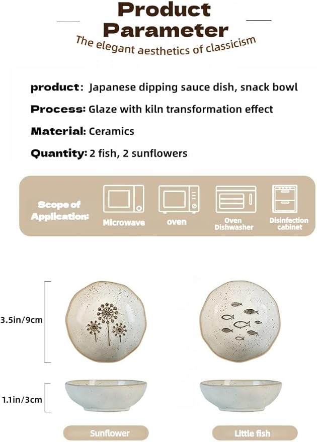4-Pack Small Ceramic Bowls, （3.5in） Mini Dip Bowls with 2 Fish & 2 Sunflower Designs | Thickened Ramekins for Sauce, Snacks, Ice Cream, Charcuterie | Dishwasher & Oven Safe