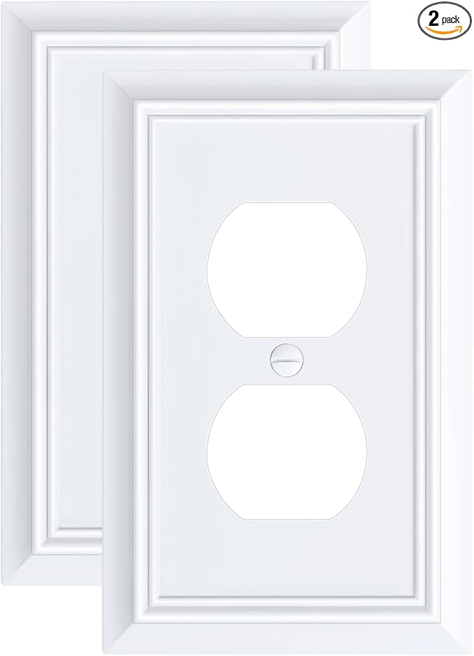 2-Pack Duplex Outlet Cover Plate, Decorative Pure White Switch Plates and Outlet Covers, Natural Bamboo Fiber Wall Plates for Electrical Outlets, 1 Gang Receptacle Cover, Corrosion Resistant