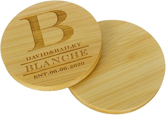 Personalized Coasters, Custom Engraved Coasters, Bamboo Coasters for Drinks, Monogram Coasters with Holder, Great Gifts for Relatives, Friends or Yourself (B, Set of 4)
