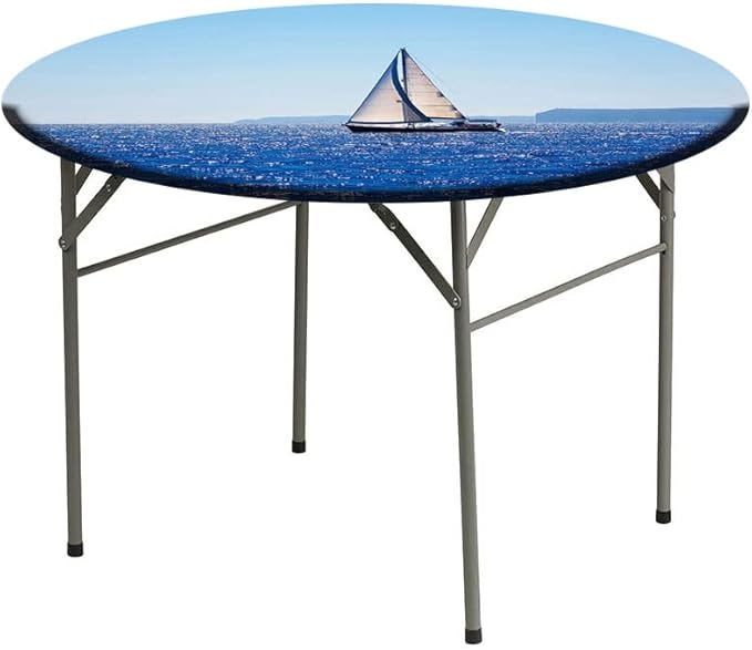 Round Edge Closing Tablecloth, Ocean Elastic Edged Tablecloth, Blue Mediterranean Sailboat Sailing in Round Tables 56inch Diameter, for Outdoor Indoor Use, Blue