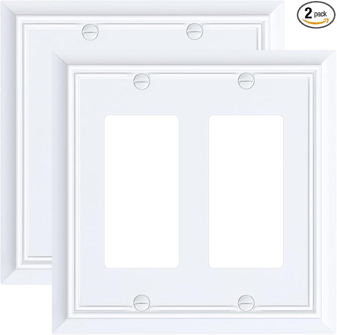2-Pack Decorative Double Decorator Outlet Cover Plate, Pure White Durable Natural Bamboo Fiber Wall Plates for Electrical Outlets, Receptacle, GFCI Outlet, Dimmer Switch, 2-Gang, Corrosion Resistant