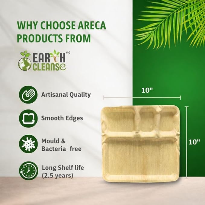 Areca Palm Leaf 10-Inch Square Compartment Plates (250 Count) – 100% Compostable, Biodegradable Like Bamboo Plates | Eco-Friendly Disposable Dinnerware | Microwave & Oven Safe