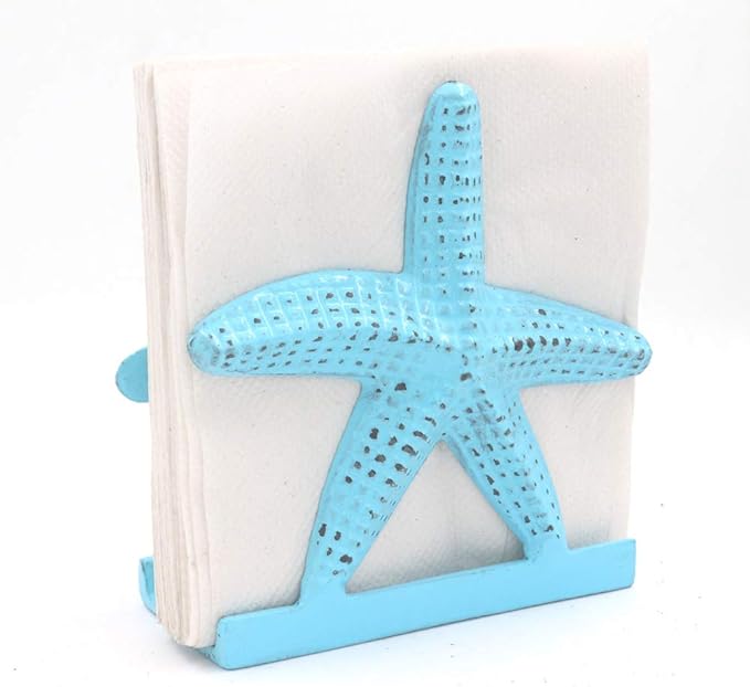 Nautical Starfish Lunch Dinner Metal Napkin Holder Kitchen Beverage Cocktail Ocean Coastal Napkin Holder By The Metal Magician (Distressed Blue)