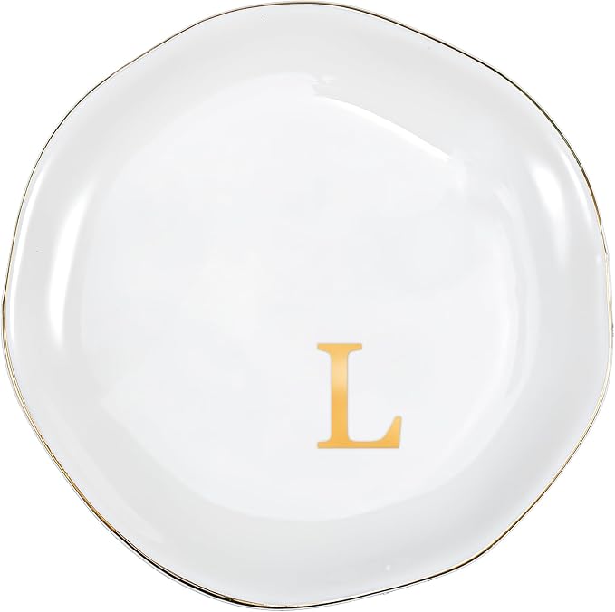ProCase Ceramic Jewelry Tray, Initial Ring Dish Trinket Plate Engagement Gift, Small Personalized Monogram Ring Bowl for Wedding, White Decorative Jewelry Holder for Women Vanity -Letter L