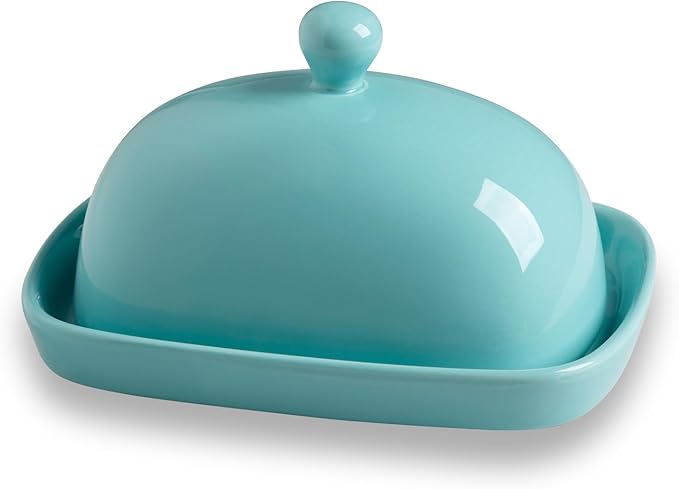 Sweejar Ceramic Butter Dish with Lid for Countertop,Porcelain Butter Keeper with Knob Handle,Butter Container for East/West Coast Butter, 7.3*4.1 inches (Turquoise)