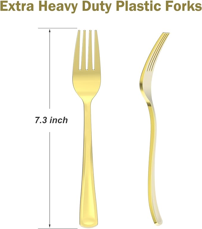 100 Count Heavy Duty Gold Plastic Forks Disposable, BPA-Free, Heat Resistant, Solid and Durable Premium Plastic Disposable Forks for Party Supply