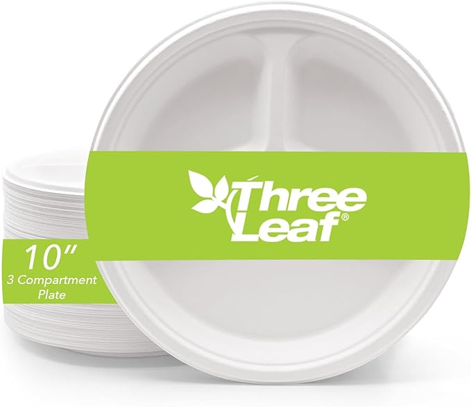 three leaf 10" 3 COMPARTMENT BAGASSE ROUND PLATE, 125 Ct. Heavy-Duty- Super Strong- Natural- Eco-Friendly Disposable Bagasse Plates, 100% Biodegradable 10 inch 3 compartment plates