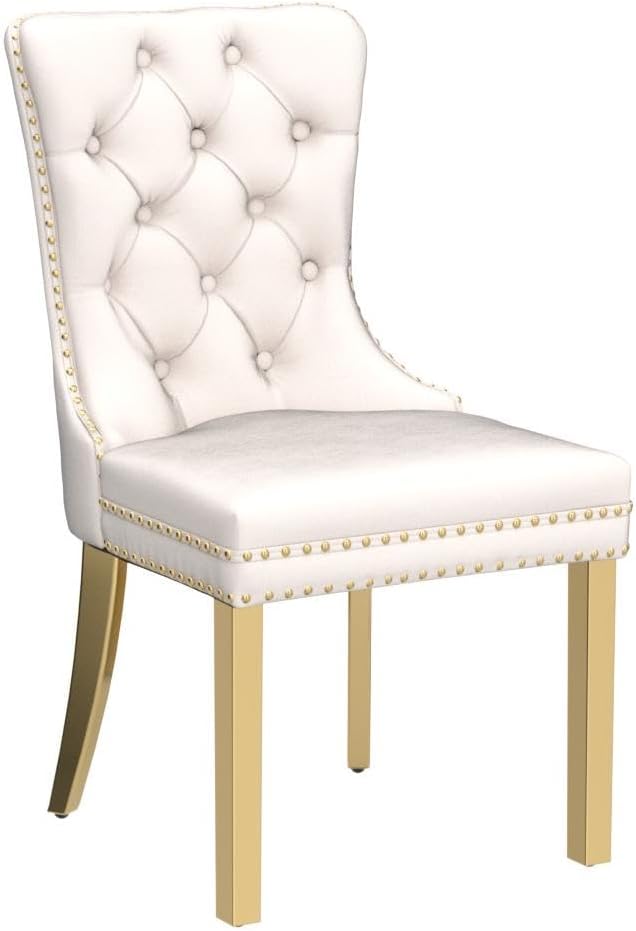 KCC Velvet Dining Chairs Set of 2, Upholstered High-end Tufted Dining Chair with Nailhead Back Ring Pull Trim Stainless Steel Legs, Contemporary Nikki Collection Modern Style for Kitchen, Beige