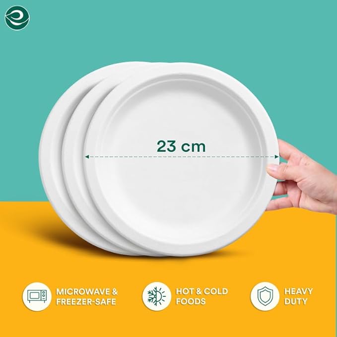 ECO SOUL 9 Inch Compostable Disposable Paper Plates [200 Pack] Food Safe 100% Virgin Bagasse Pulp Heavy Duty Biodegradable Microwave Safe Large Round Dinner Plate for Party, Picnic & BBQ (White)