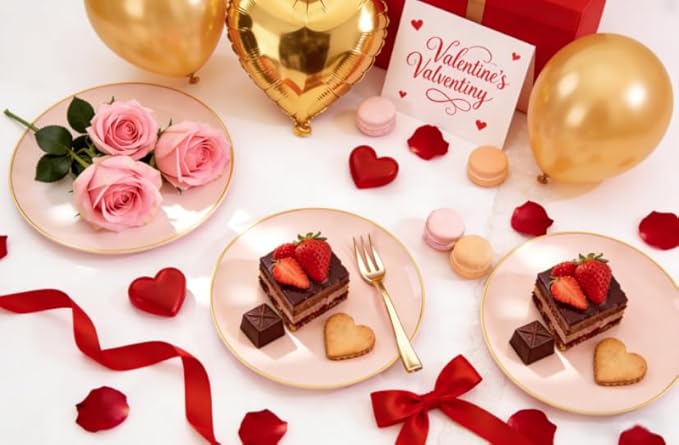 Festiva 200Pcs Pink Gold Cake Plates 6.3" with Forks 5"- Disposable Salad Plates-Pink Dessert Plates-Appetizer Plastic Plates - include 100Plates 100Forks for Party&Wedding&Easter&Valentine's Day
