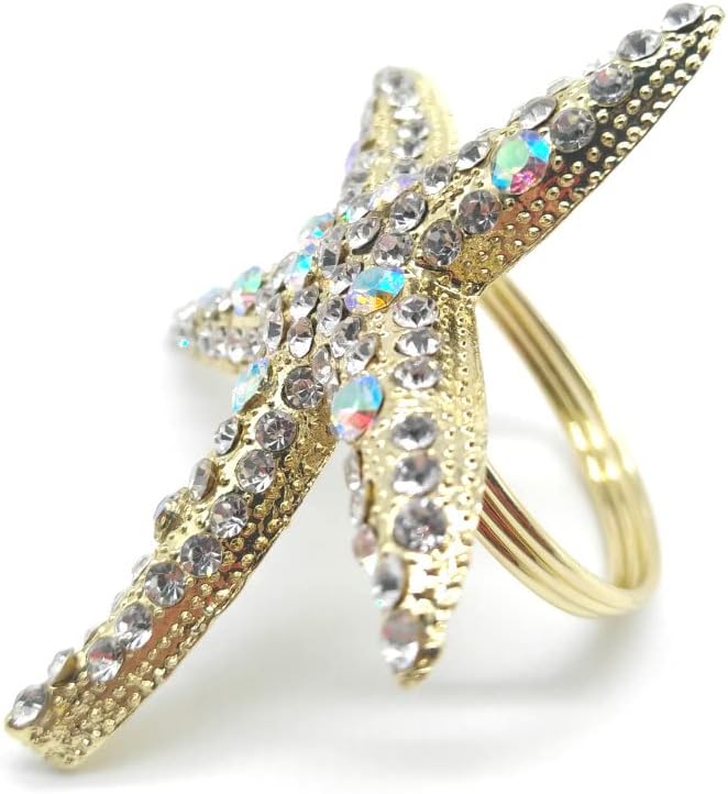 Crystal Starfish Napkin Rings - Rhinestone Coastal Nautical Napkin Ring Holders for Wedding Party, Beach/OceanTheme Dining Table Decoration Accessories (6)