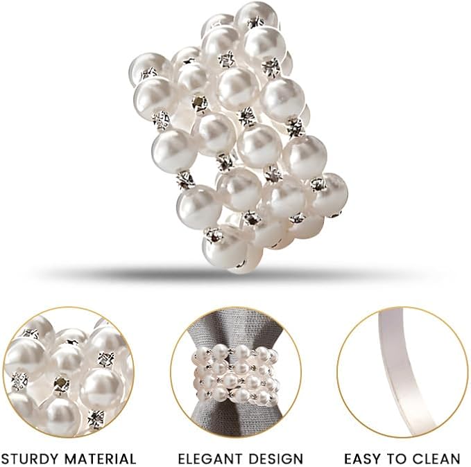 Decozen Set of 8 White Napkin Rings with Pearl Design, Festive, Table Decor Setting for Holiday, Wedding, Birthday, Kitchen, Home Decor, Housewarming Gift - Mothers Day Decorations