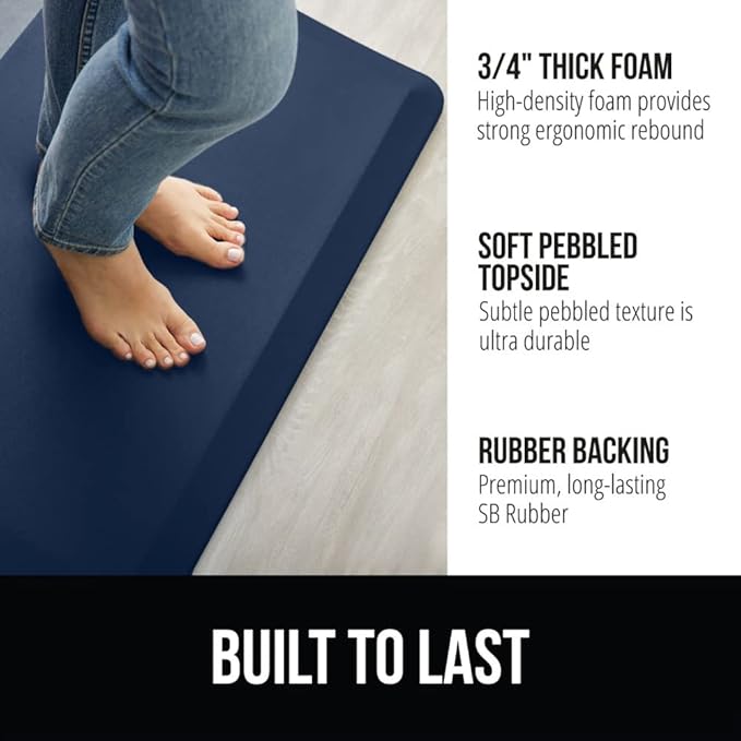GORILLA GRIP Comfortable Cushioned Kitchen Mats for Floor, Waterproof and Stain Resistant Soft Top, 3/4 Inch Thick Ergonomic Standing Desk Anti Fatigue Mat, Foam Supports Ankles and Feet, 17x24, Navy