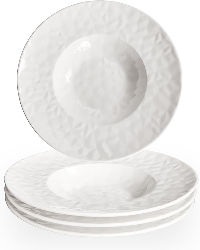 Porcelain Soup Bowls soup Plate Pasta Bowl Set of 4 Shallow Bowl Plates, 9.8 oz Rimmed Bowls with Rim, Microwave ovens and refrigerators safe Gemstone 10.6 Inch