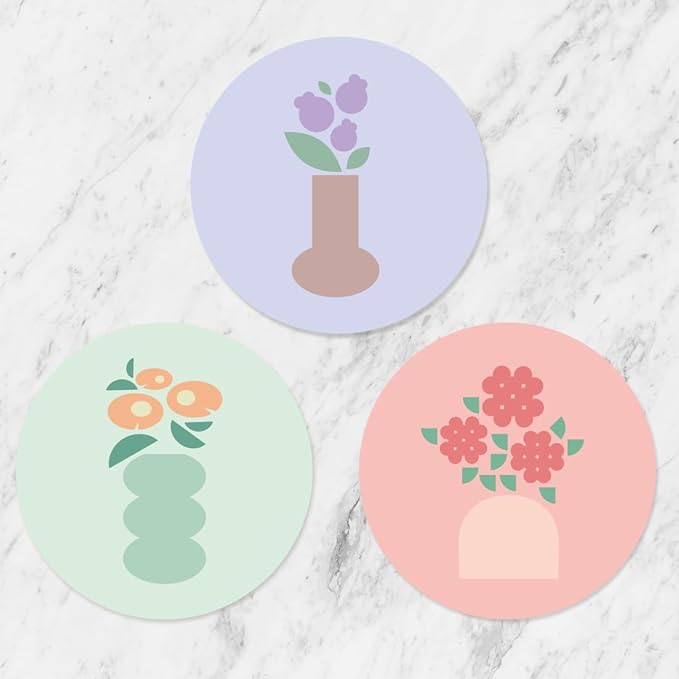 FLT Silicone Colorful Coaster Set of 3, Non-Slip Drink Mat, Cute and Unique Printed Design (Made in Korea) (Pastel - Vase)