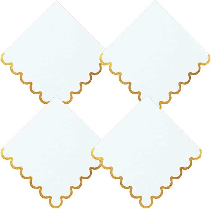 100 pack White Cocktail Napkins with Gold Foil Accents Scalloped Edges 5 x 5 inch Beverage Disposable Napkin Party Decoration Wedding Bridal and Baby Shower Dinner Lunch Supplies