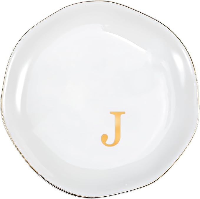 ProCase Ceramic Jewelry Tray, Initial Ring Dish Trinket Plate Engagement Gift, Small Personalized Monogram Ring Bowl for Wedding, White Decorative Jewelry Holder for Women Vanity -Letter J