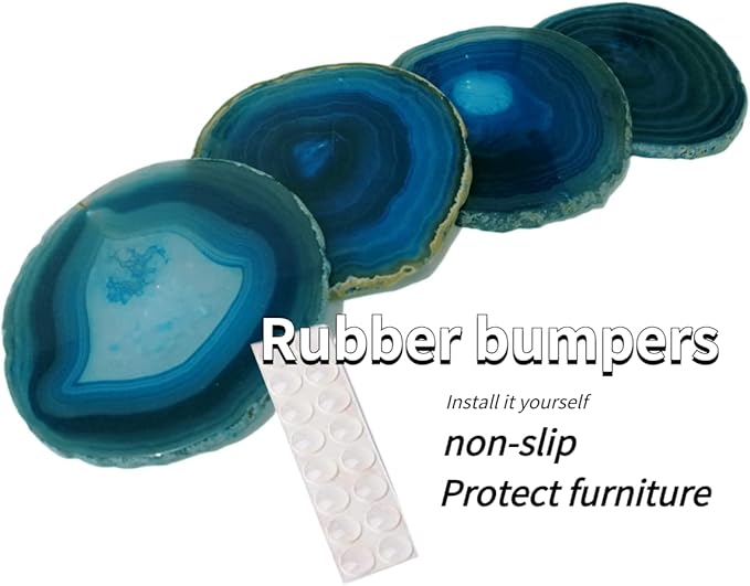 Crystal Coasters Set of 4 Agate Coaster Teal Irregular Dyed 4-5" for Drinks Coffee Wine Bar Glasses with Rubber Bumpers