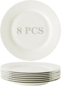 TAMAYKIM 10.5 Inch Porcelain Salad Dinner Plates 8 Pieces, Wide Rim Round Pasta Plates, Large Serving Dinnerware Sets, Scratch Resistant, Microwave, Oven, and Dishwasher Safe, White