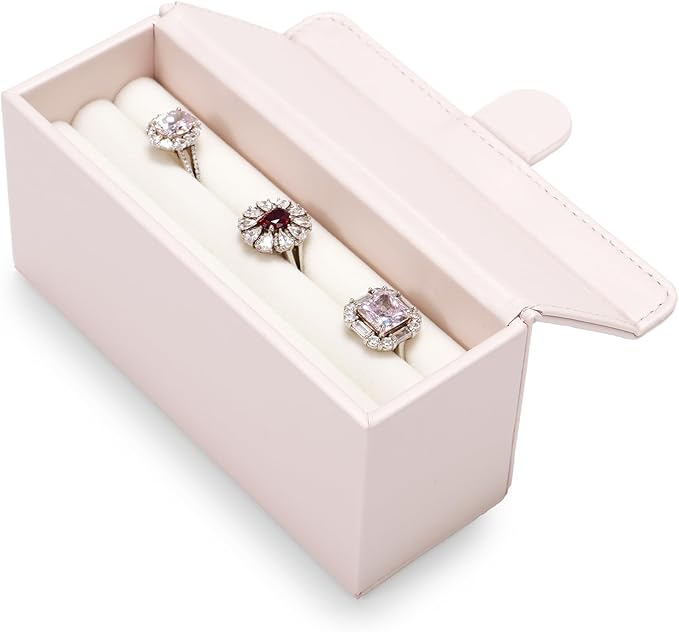 Oirlv Travel Rings Organizer Case in Blush Pink, Premium Leather & Soft Velvet Portable Jewelry Box, Secure Compact Holder for Women‘s Travel, Gym & Daily Organization (Holds 6-8 Rings)