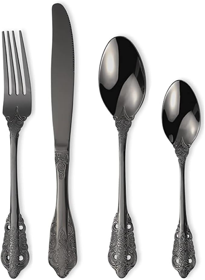 Vintage Black Silverware Flatware Set for 12, European Classic Style 48 Pieces Stainless Steel Tableware Cutlery Set,Fine Kitchen Utensils for Wedding Restaurant Hotel Christmas
