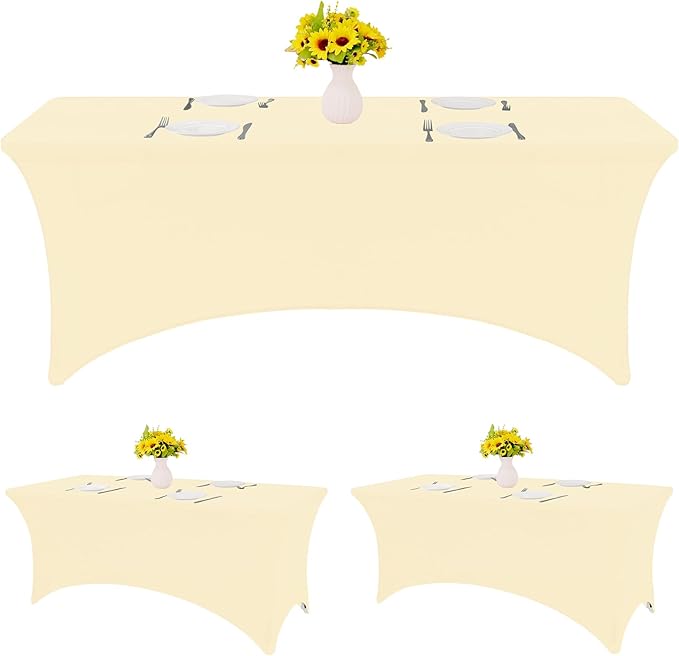 HAISIWLKJ 3 Pack Table Cloth 8ft Beige Tablecloths for Rectangle Folding Table Spandex Fitted Stretch Table Cover Wrinkle Resistant Washable Table Protector for Party, Wedding, Banquet, Festival.