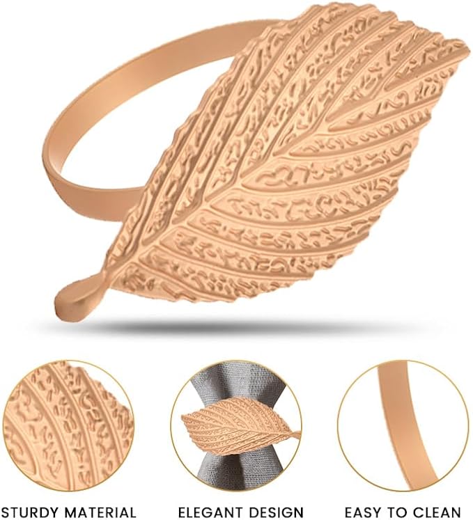 Decozen Set of 12 Gold Napkin Rings in Leaf Design, Festive, Table Decor Setting for Holiday, Wedding, Birthday, Kitchen, Home Decor, Housewarming Gift - Mothers Day Decorations