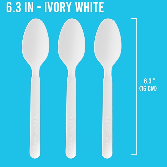 250 Count Compostable Disposable Non Plastic Spoons, Large Heavy Duty Biodegradable Utensils, Eco Friendly Durable Sturdy Recyclable Spoons Flatware Silverware for Party Wedding Daily Use
