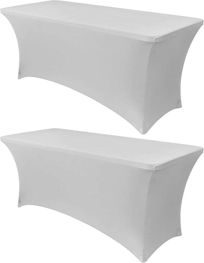 Obstal 4Ft Stretch Spandex Table Cover for Standard Folding Tables - 2 Pack Universal Rectangular Fitted Tablecloth for Party, Banquet, Events, Trade Show (Silver, 48L x 24W x 30H Inches)