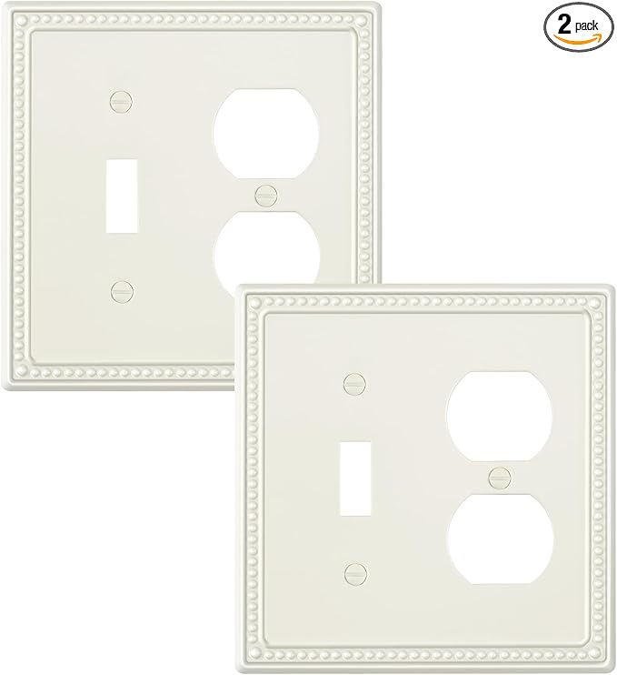 2-Pack Combo Toggle/Duplex Light Switch Cover Plate, Light Almond Metal Wall Outlet Cover Plate, Decorative Classic Beaded Wall Socket Receptacle Cover for Electrical Outlets, Light Switch