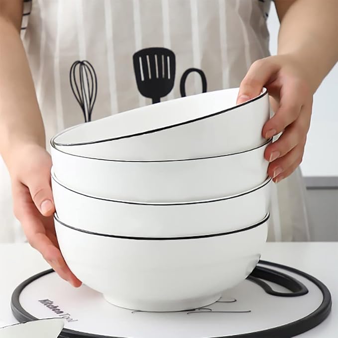 Hesen 60 oz Large Soup Bowl, Pho Bowls, Large Ramen Bowl Set of 3, 8 in Off White Porcelain Big Bowls…