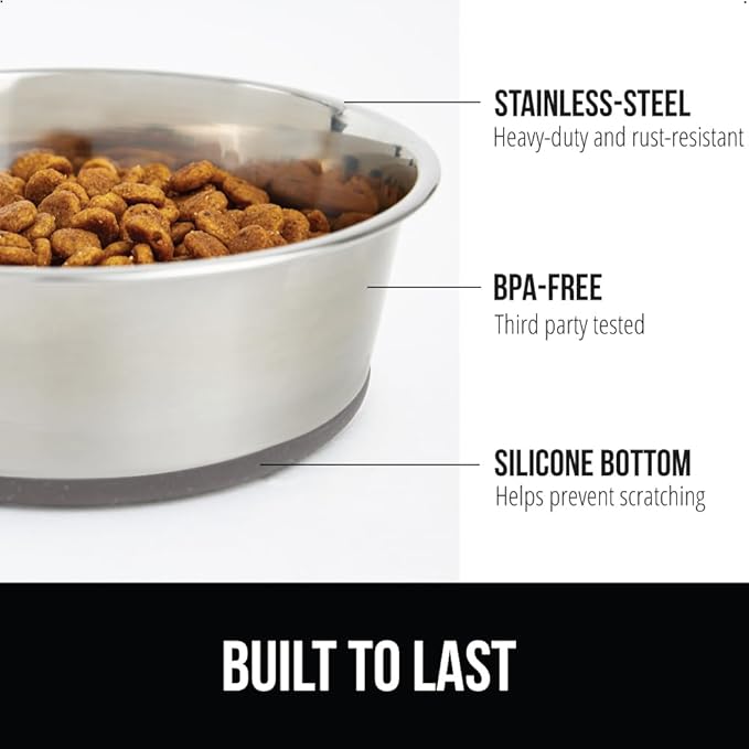 GORILLA GRIP Dog Bowl, Holds 6 Cups (48 fl oz), Heavy Duty Metal Food and Water Bowl for Feeding Dogs and Cats, Easy Clean, Dishwasher Safe, Rust Resistant Stainless Steel, BPA Free Rubber Base, Gray