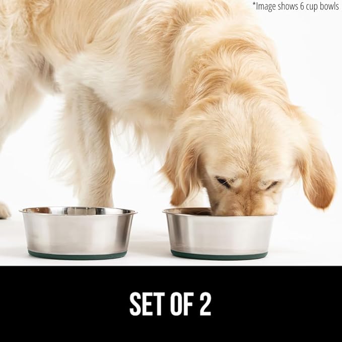 GORILLA GRIP Set of 2 Dog Bowls, Holds 8 Cups (64 fl oz), Heavy Duty Metal Food and Water Bowl for Feeding Dogs and Cats, Dishwasher Safe, Rust Resistant Stainless Steel, BPA Free Rubber Base, Green